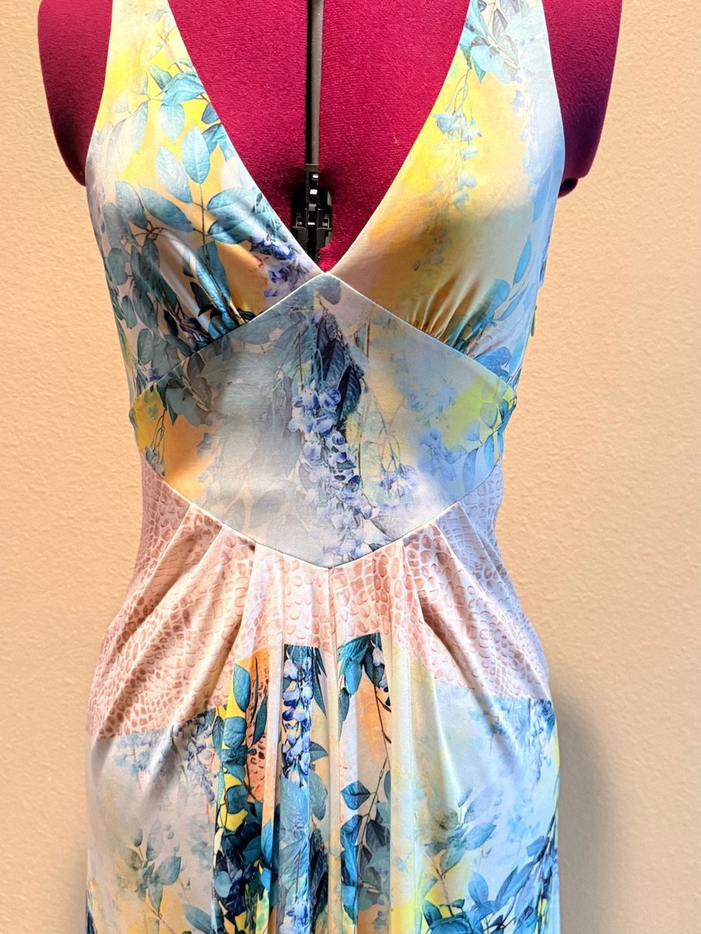 bebe Floral V-Neck Maxi Dress in Blue, Yellow, Cream